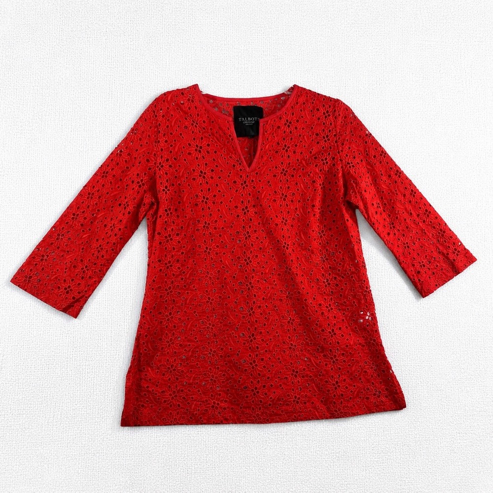 Talbots Petites Red Floral Eyelet Lace‎ Split Neck 3/4 Sleeve Tunic Top Mens S